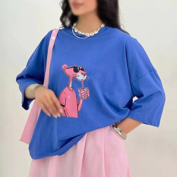 تیشرت باکسی پلنگ صورتی زنانه لاکچری 100439