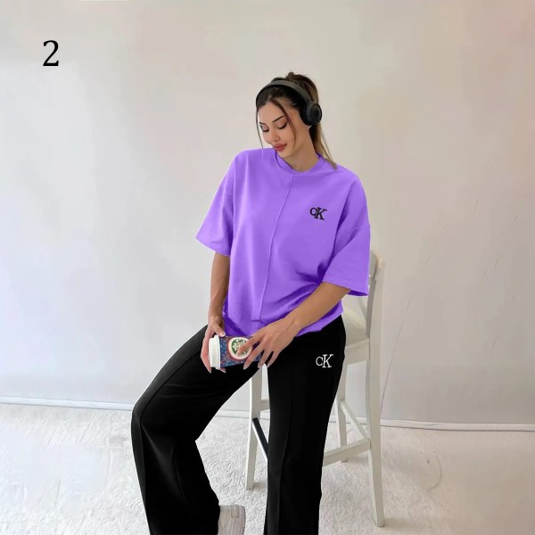 ست تیشرت شلوار فوق بیگ سایز جیب دار CK زنانه 2626