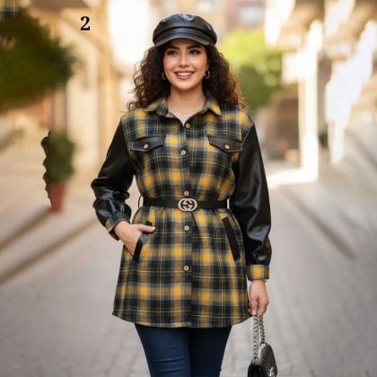شکت چهارخونه آستین چرم زنانه 73440