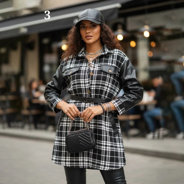 شکت چهارخونه آستین چرم زنانه 73440