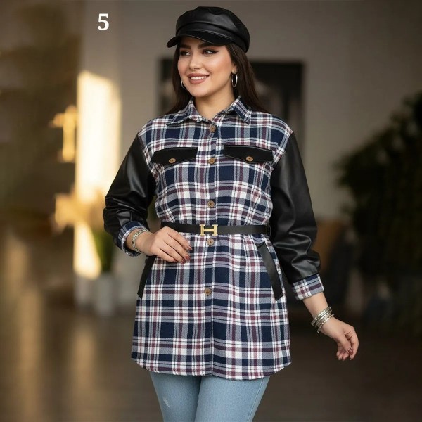 شکت چهارخونه آستین چرم زنانه 73440