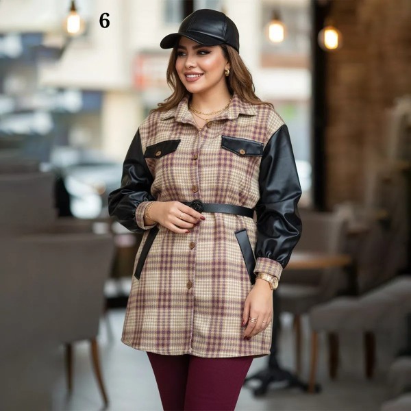 شکت چهارخونه آستین چرم زنانه 73440
