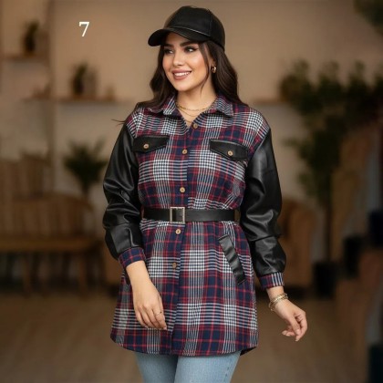 شکت چهارخونه آستین چرم زنانه 73440