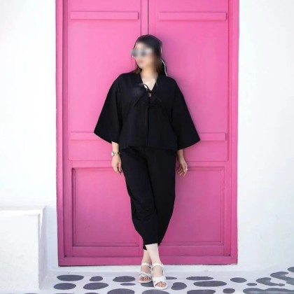 ست شلوار و کت جلو بندی لنین زنانه 40139