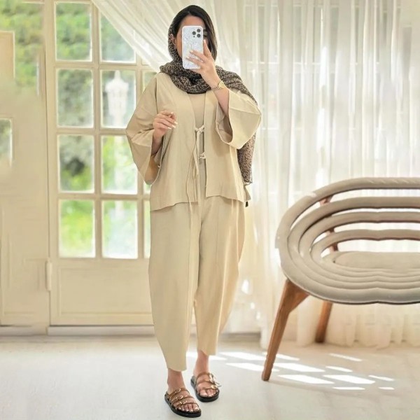 ست شلوار و کت جلو بندی لنین زنانه 40139