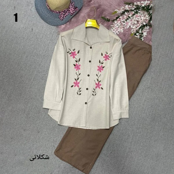 ست مانتو شلوار لینن گلدوزی زنانه 40424