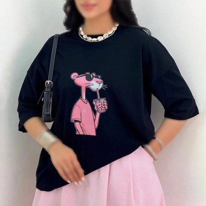 تیشرت باکسی پلنگ صورتی زنانه لاکچری 100439