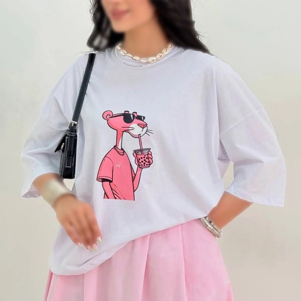 تیشرت باکسی پلنگ صورتی زنانه لاکچری 100439
