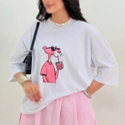 تیشرت باکسی پلنگ صورتی زنانه لاکچری 100439